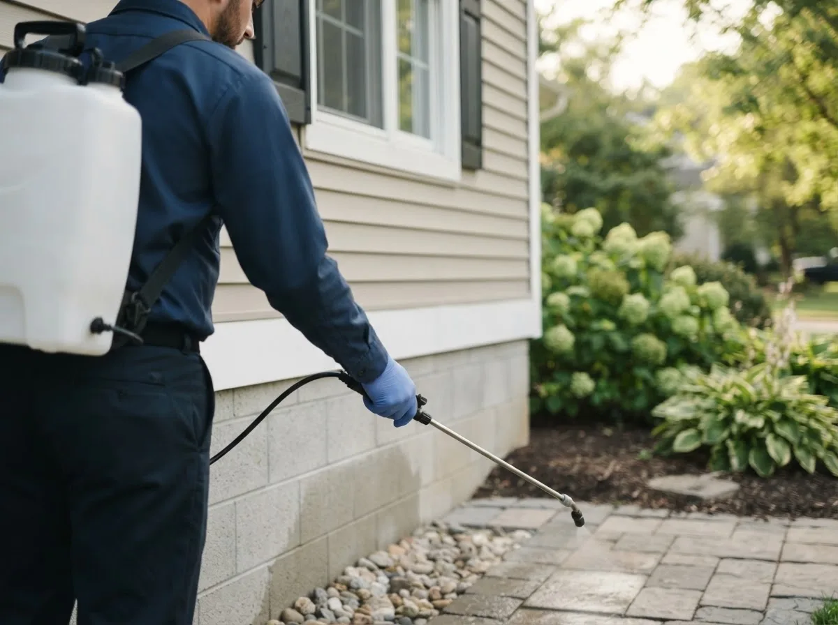 Pest control technician inspecting a home in Simpson, IL